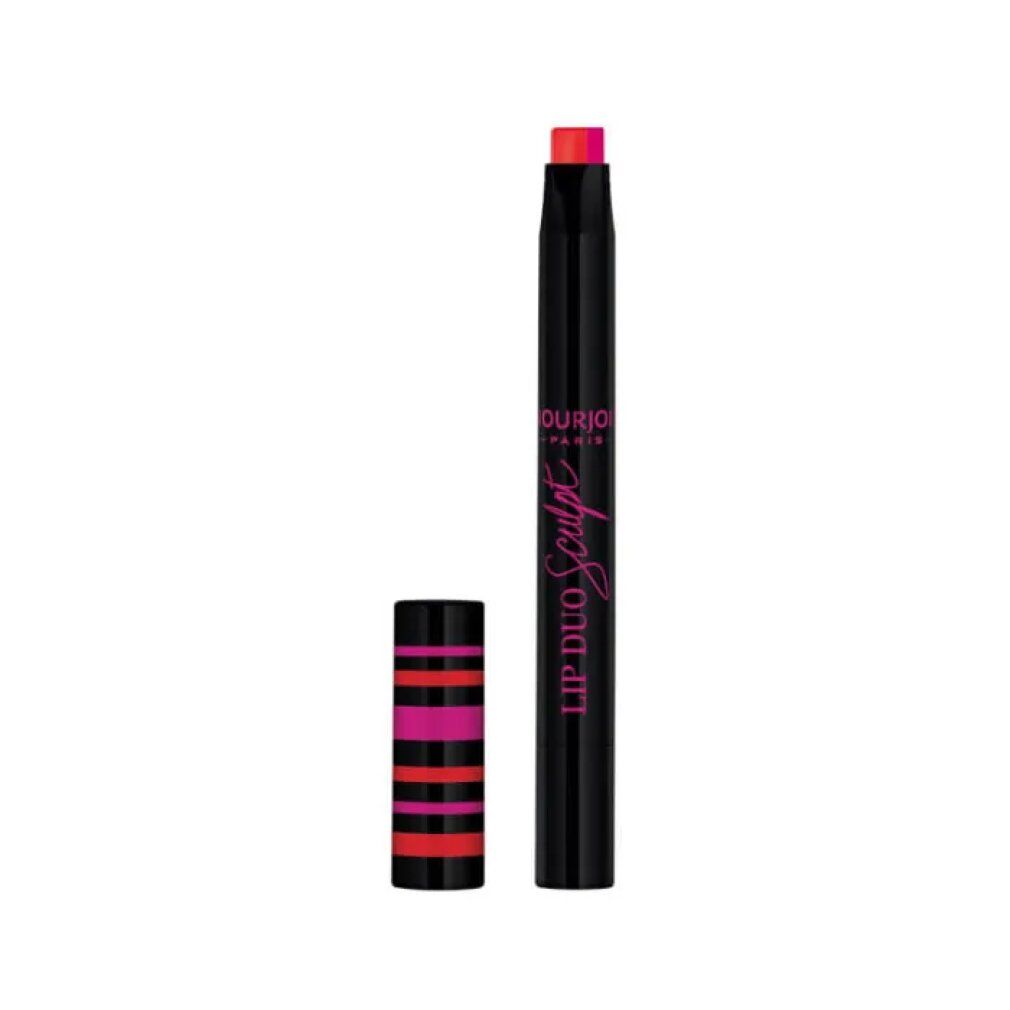 Duo rossetto con astuccio nero. Il cappuccio a strisce rosa e rosse è rimosso. Il rossetto è aperto, mostrando il colore.