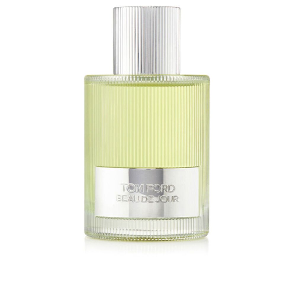 Flacone di profumo con liquido verde chiaro e tappo argentato. Scritta: TOM FORD BEAU DE JOUR.