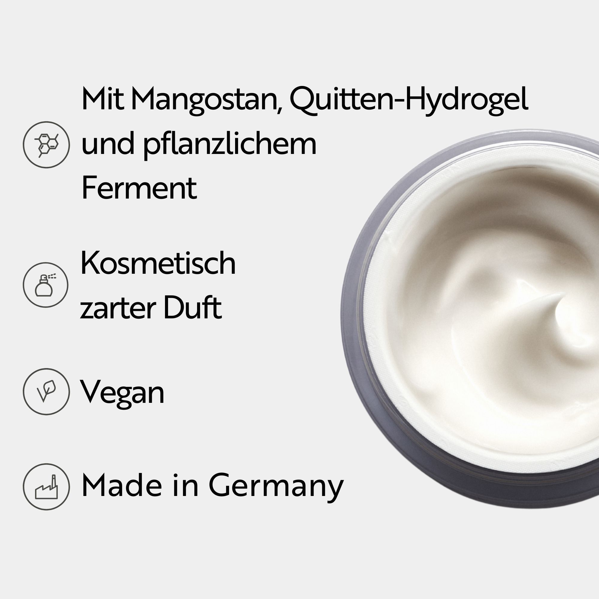 Ingredienti della crema. Testo: Con mangostano, idrogel di mela cotogna e fermento vegetale. Vegano.