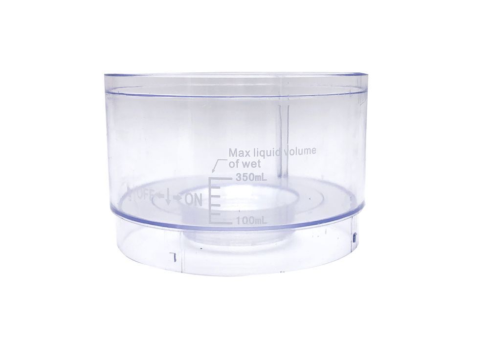 Tazza nebulizzatore trasparente con scala graduata. Scritta: Volume max. liquido, 350 ml, 100 ml. Con indicazione ON/OFF.