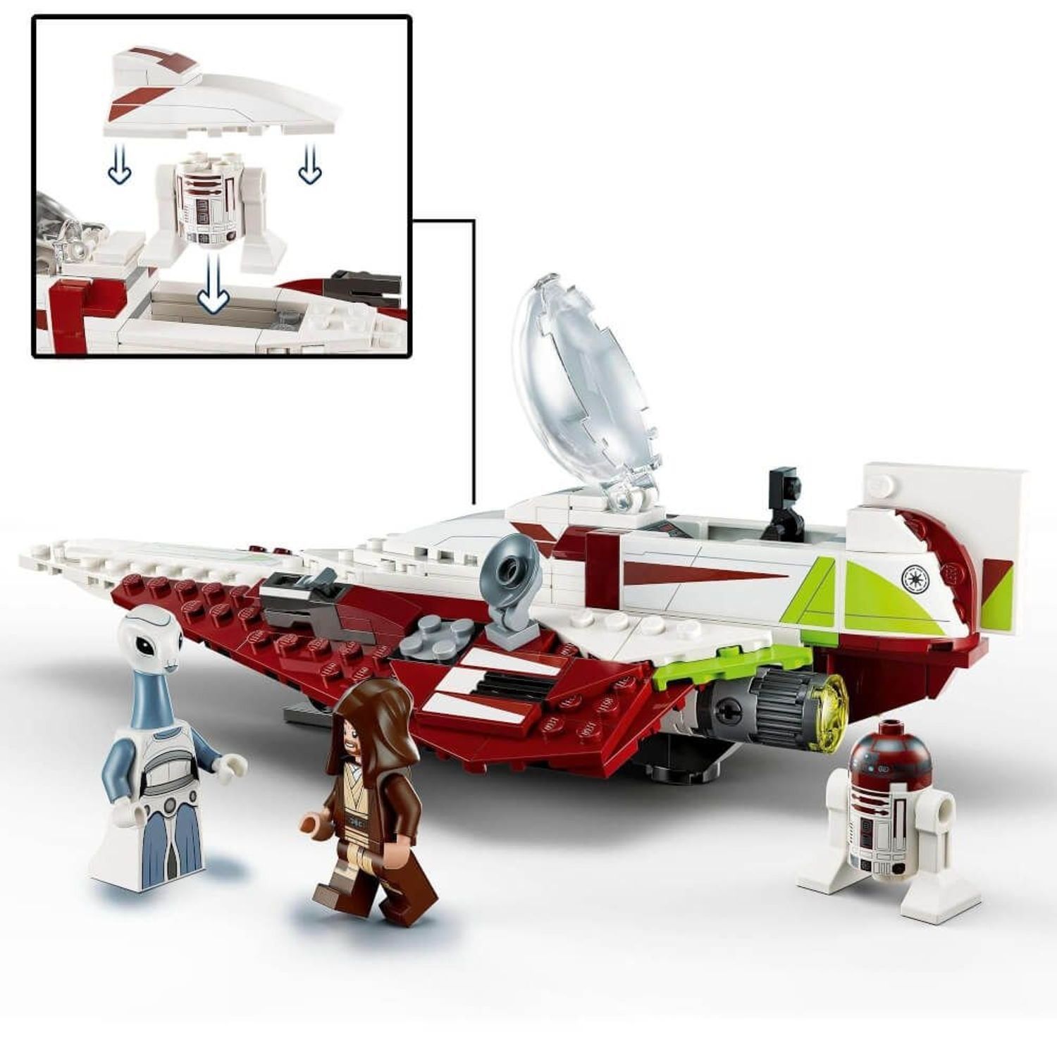 LEGO Star Wars 75333 Jedi Starfighter. Caccia spaziale rossa, bianca e verde con minifigure di Obi-Wan Kenobi e personaggi.