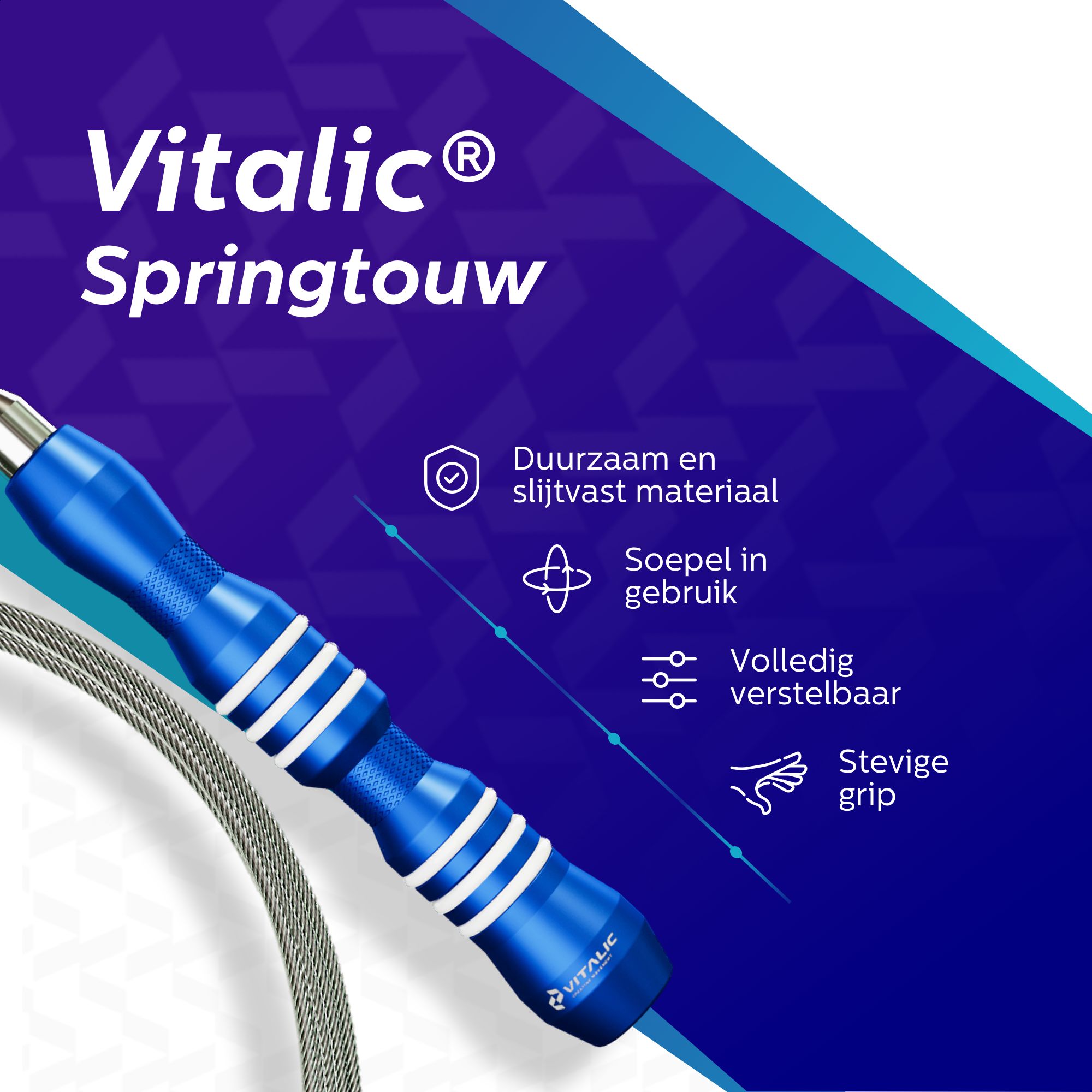 Corda per saltare blu con strisce bianche. Testo: VITALIC Springtouw. Caratteristiche: materiale durevole, flessibile, regolabile, presa salda.