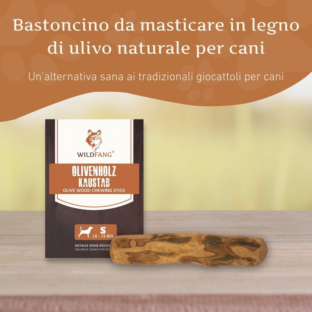 Bastoncino masticabile in legno d'ulivo e confezione. Nome del prodotto e logo ben visibili. Taglia S.