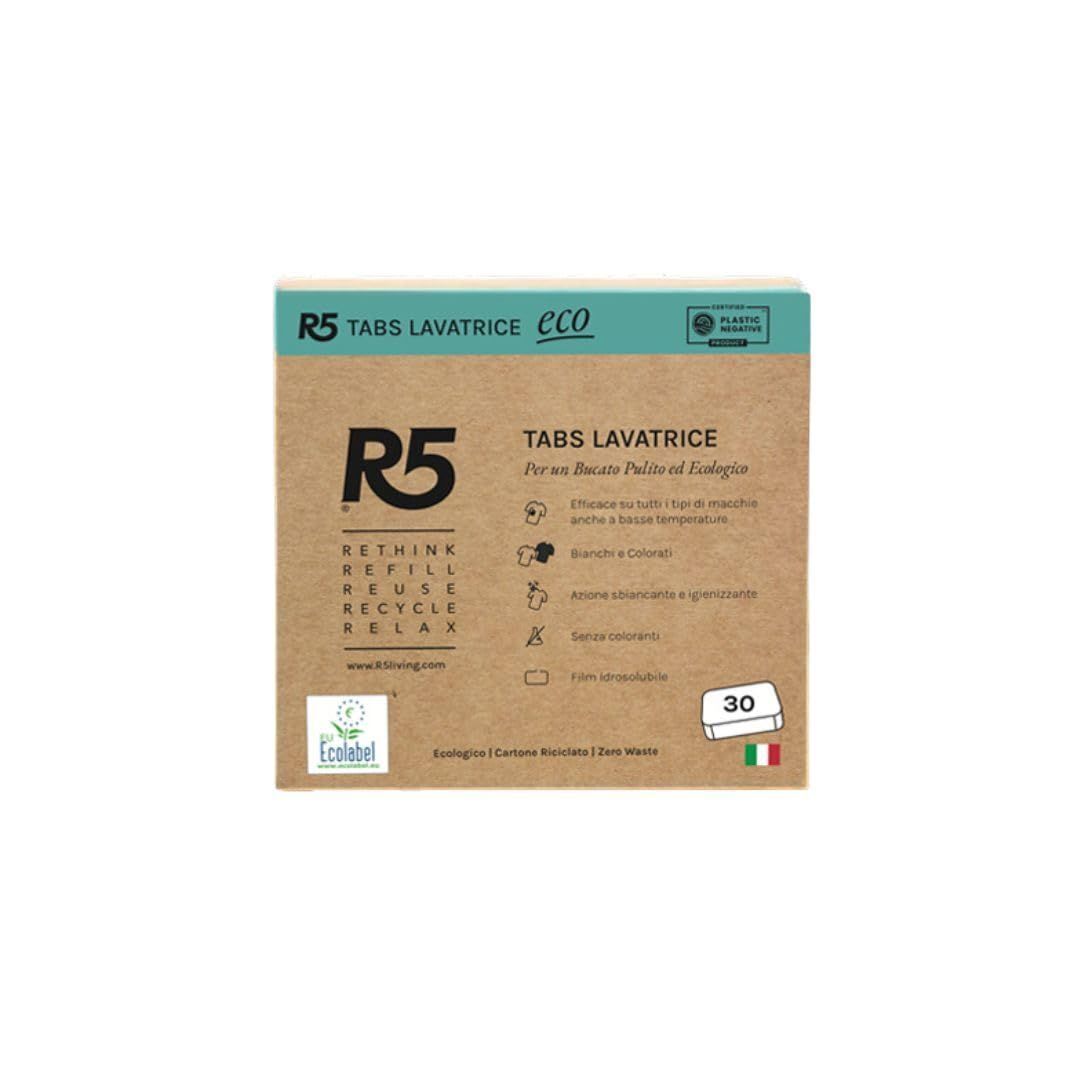 R5 Eco Tabs Lavatrice 30 Pastiglie, Tensioattivi Vegetali, Senza Coloranti, Ecolabel