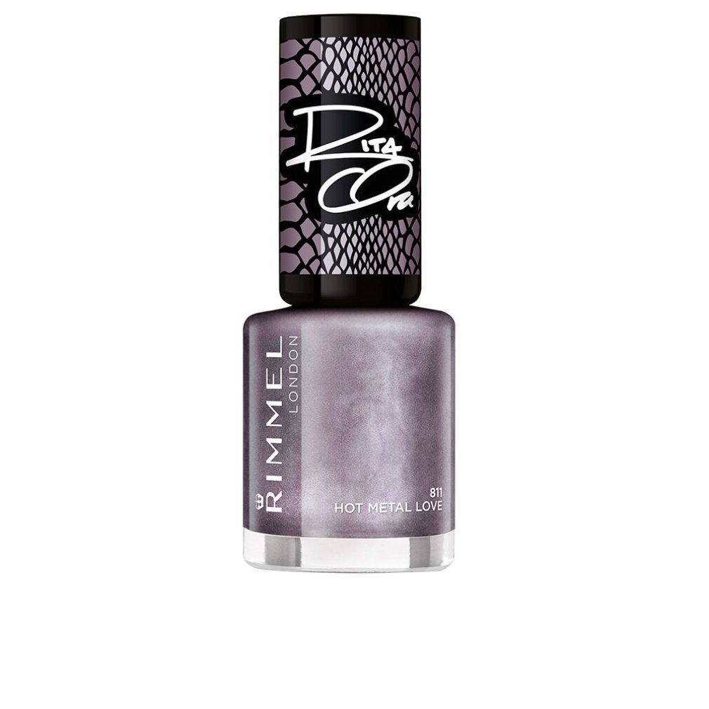 Flacone di smalto con tappo nero. Scritta: Rimmel London, 811 Hot Metal Love. Colore: viola metallizzato.
