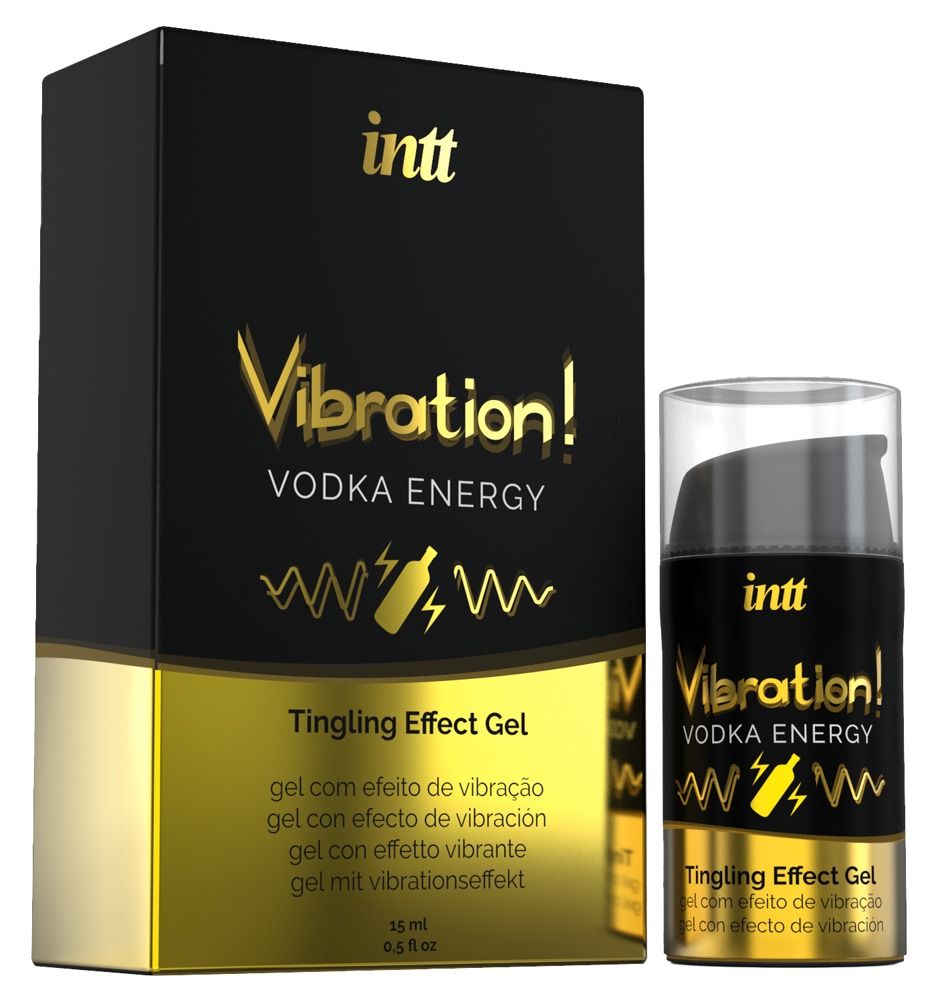 Confezione e flacone. Scritta: INTT, Vibration! Vodka Energy, Tingling Effect Gel. 15 ml.