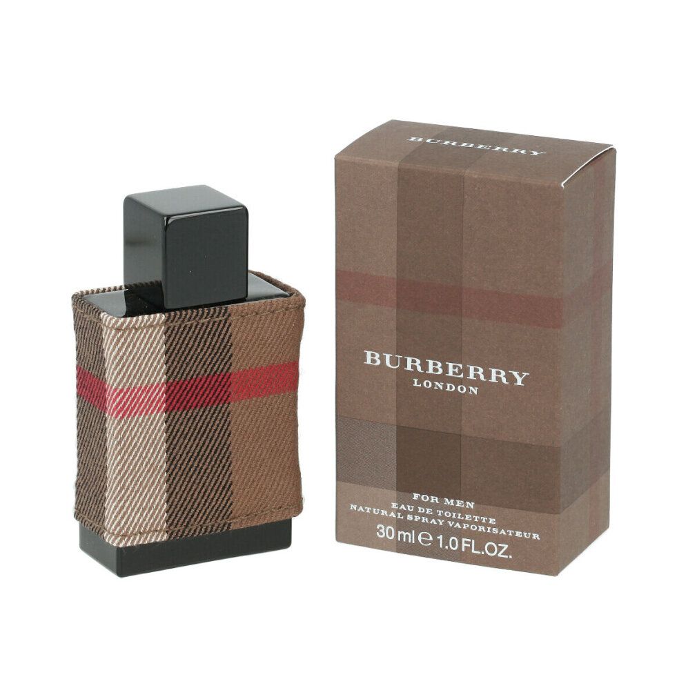 Burberry London Men Eau de Toilette Spray e confezione. Flacone con tessuto a quadri. Scatola marrone con logo.