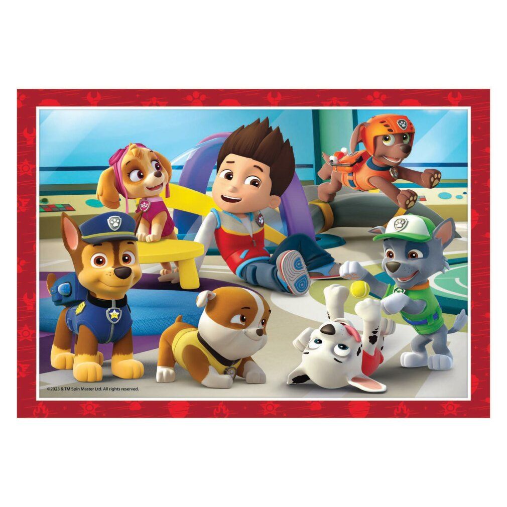 Puzzle con personaggi di Paw Patrol. Diversi personaggi sono raffigurati su sfondo rosa.