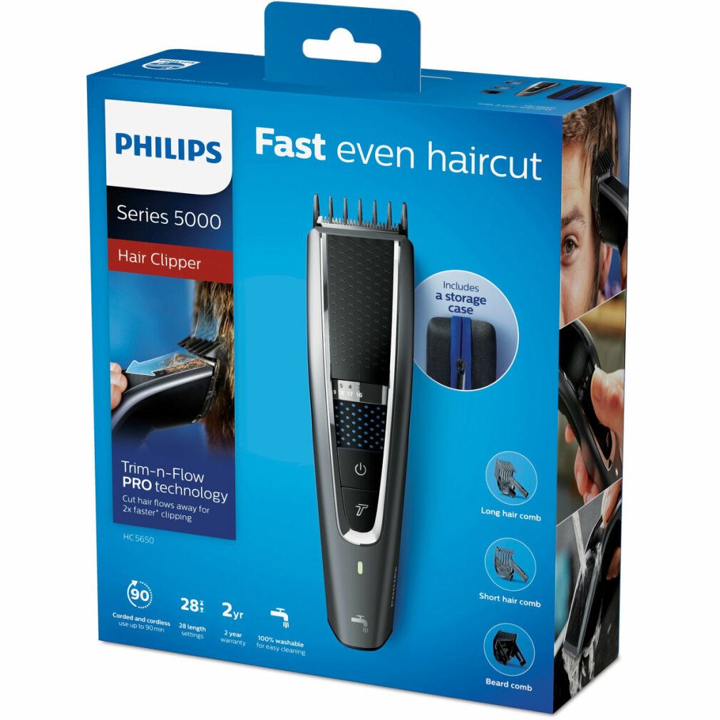 Philips Series 5000 con accessori: 3 pettini, custodia. Corpo grigio, dettagli neri.