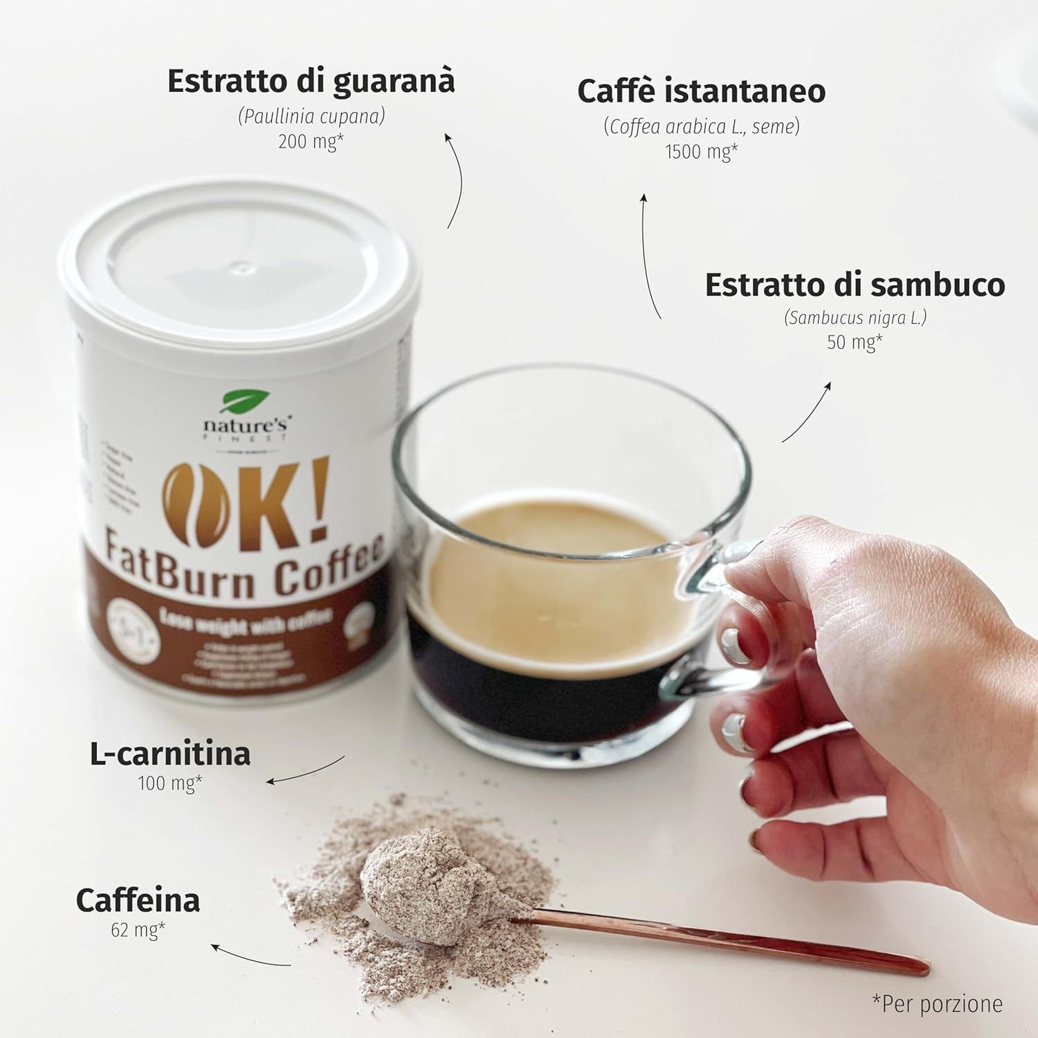 Caffè e ingredienti. Barattolo OK! FatBurn Coffee, polvere di caffè, tazza, cucchiaio. Frecce indicano ingredienti.