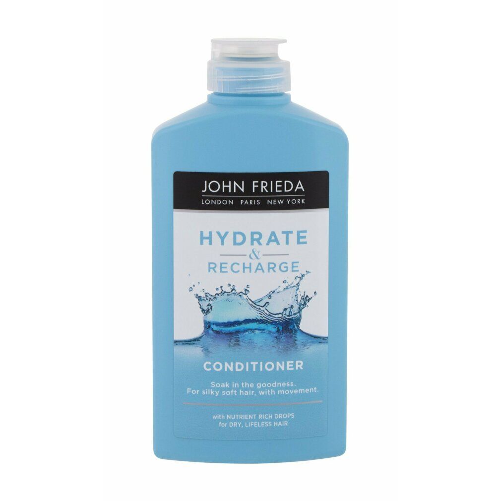 Flacone azzurro John Frieda Hydrate & Recharge Conditioner. Etichetta con grafica d'acqua. Scritta: Conditioner.