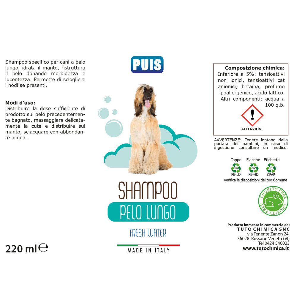 Etichetta shampoo per cani. Testo: Shampoo pelo lungo, Fresh Water. Logo: Puis. Immagine di un cane. 220 ml.