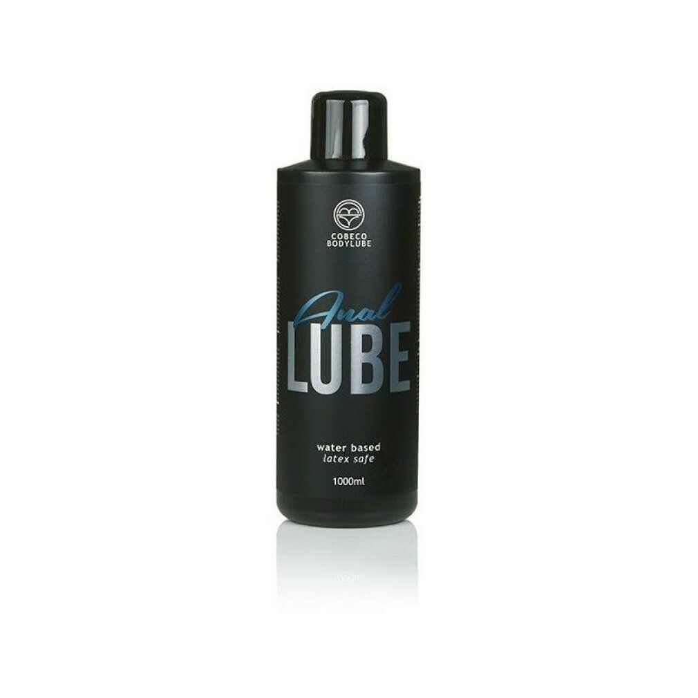 Flacone nero con tappo nero. Scritta: Anal LUBE, water based, latex safe, 1000ml. Logo: Cobeco Bodylube.