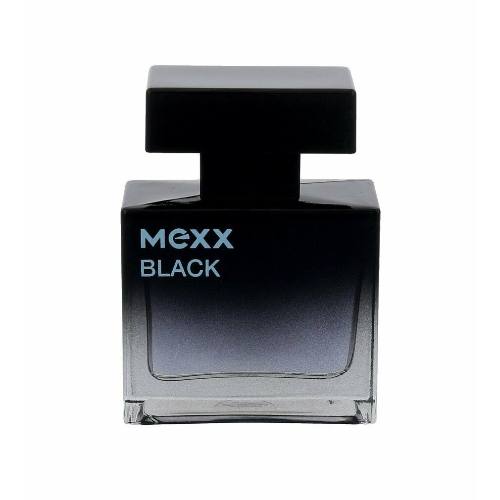 Flacone nero di Mexx Black Eau de Toilette. Forma quadrata con tappo nero. Testo azzurro chiaro. Sfumatura da nero a trasparente.