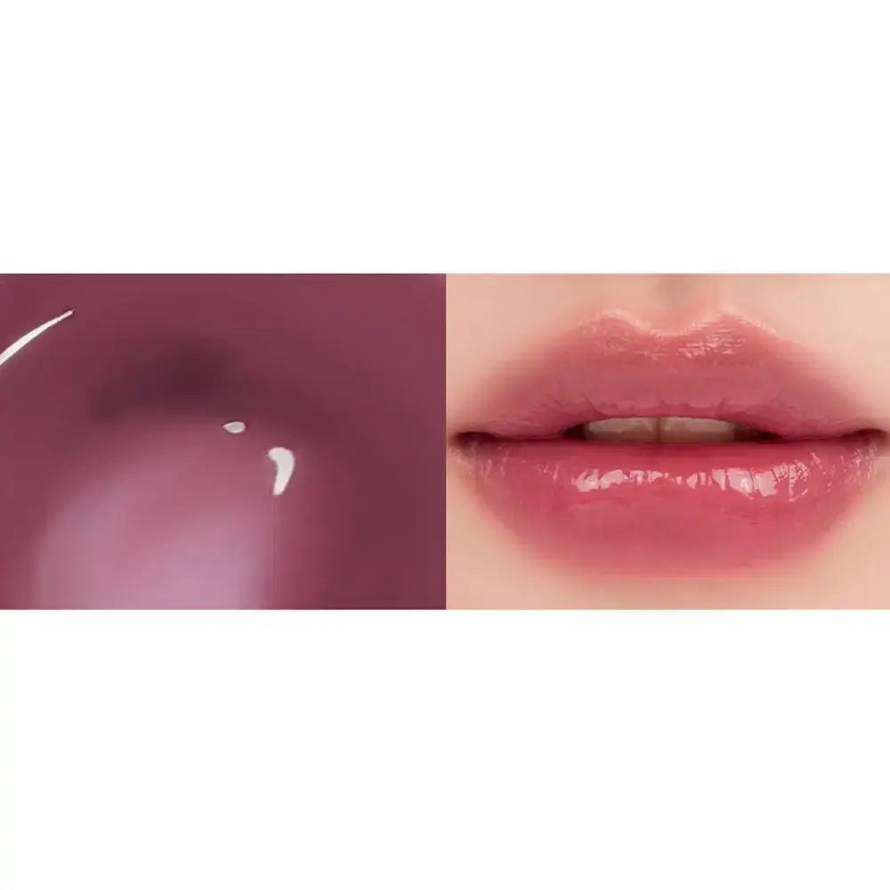 Primo piano di labbra lucide. Accanto, una goccia di lucidalabbra dello stesso colore.
