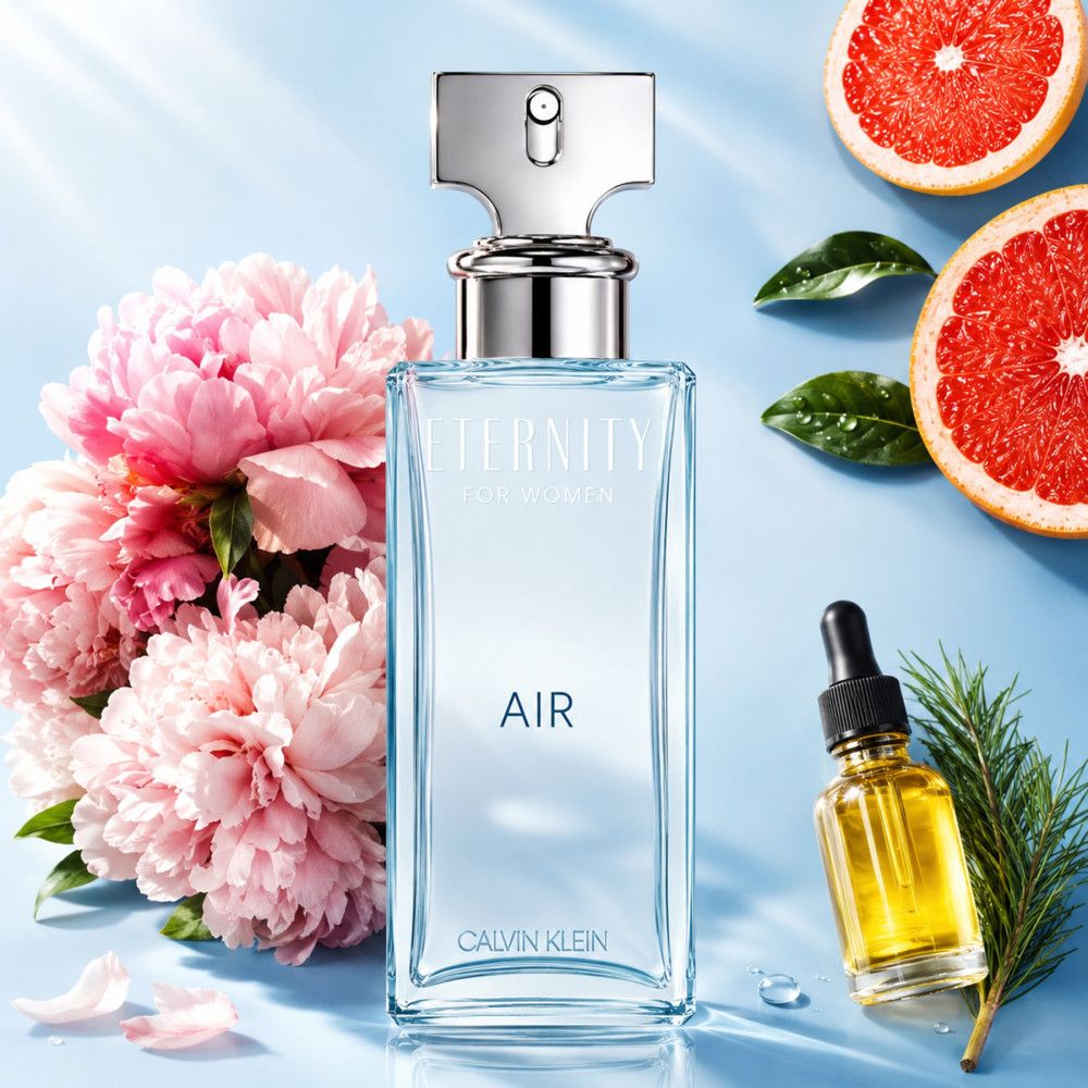 Flacone di Calvin Klein Eternity Air Eau de Parfum da donna con fiori e pompelmo. Flacone in vetro con vaporizzatore argentato.