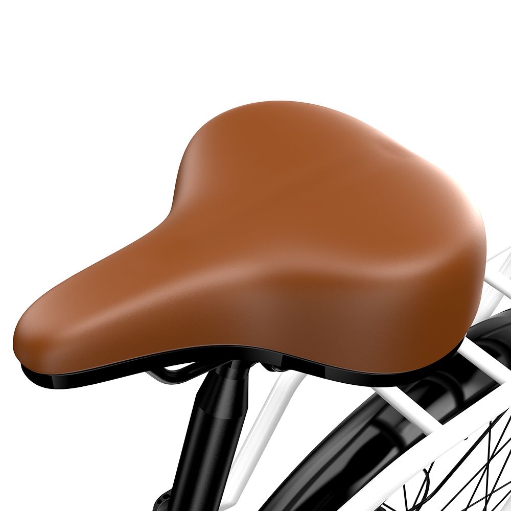 Sella di bicicletta marrone su bicicletta bianca. Reggisella nero. Portapacchi sullo sfondo.