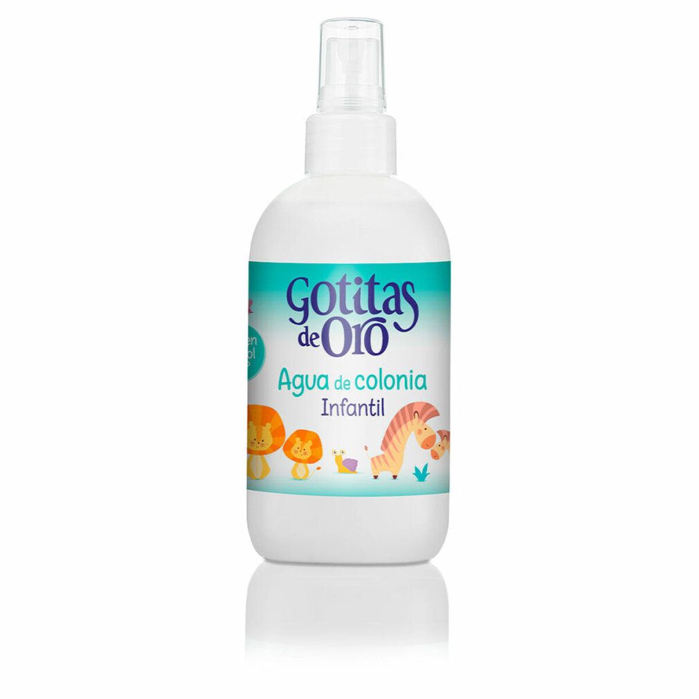 Flacone bianco con vaporizzatore. Etichetta con nome del prodotto e illustrazioni di animali. Scritta: Agua de colonia Infantil.