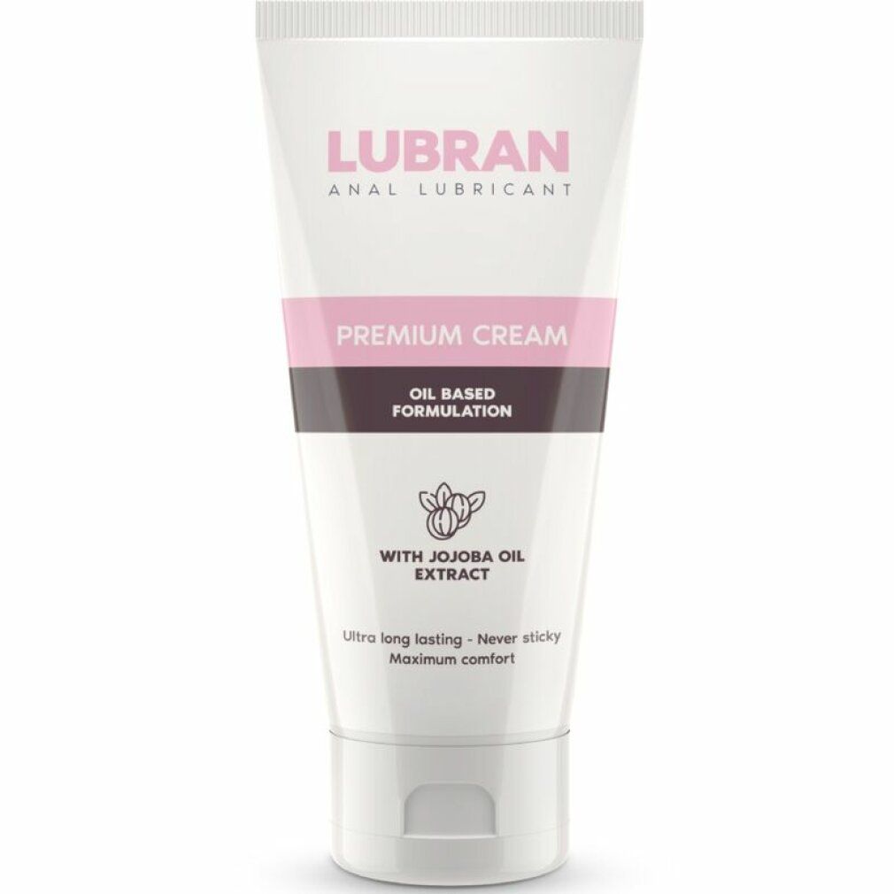 Tubo bianco con testo rosa e nero. Visibile "Lubran Anal Lubricant" e "Premium Cream". Con estratto di olio di jojoba.