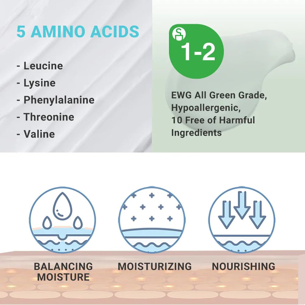 Grafico con 5 aminoacidi, certificazione EWG e illustrazioni. Testo in inglese e coreano.