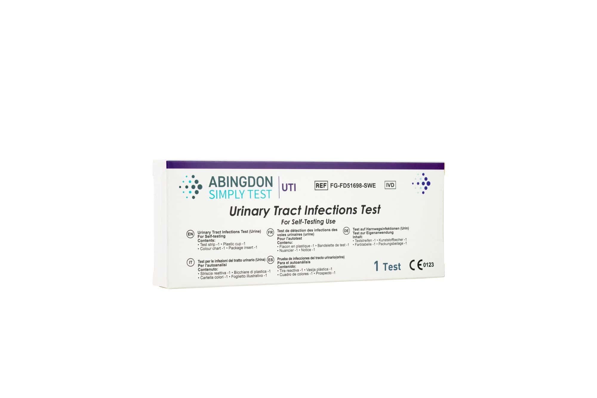 Confezione del test Abingdon Simply Test per infezioni del tratto urinario per uso domestico.