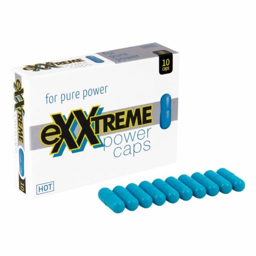 Scatola e capsule blu. Scritta: eXXtreme power caps. 10 capsule. Scritta: HOT.