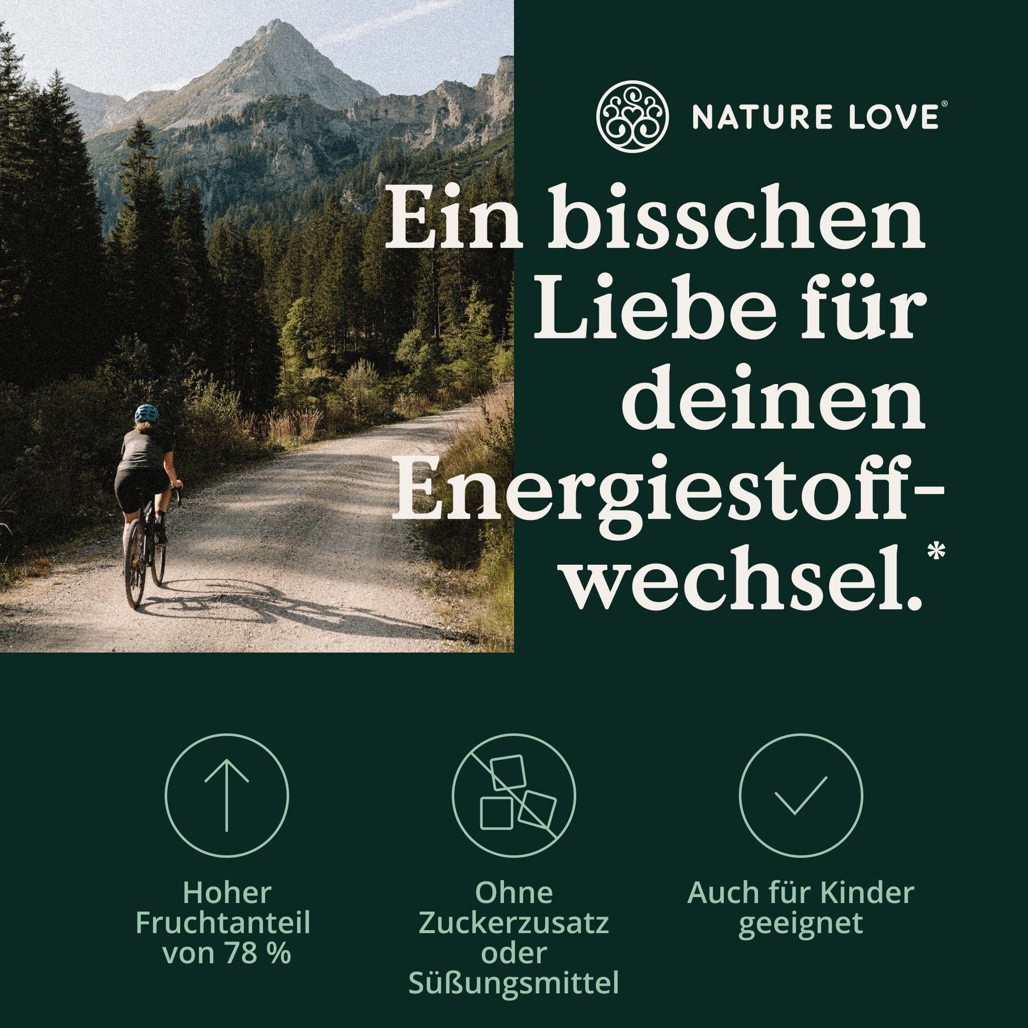 Testo: Un po' d'amore per il tuo metabolismo energetico. Alto contenuto di frutta del 78%. Senza zuccheri aggiunti. Adatto anche ai bambini.