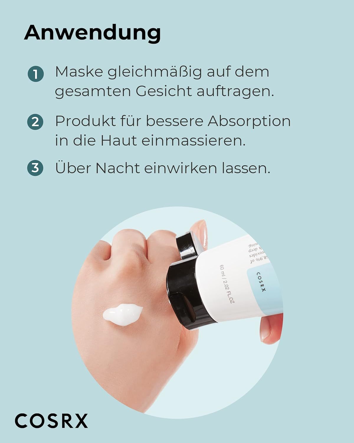 Applicazione: applicare la maschera, massaggiare, lasciare agire tutta la notte. Prodotto e mano. Marchio: COSRX.