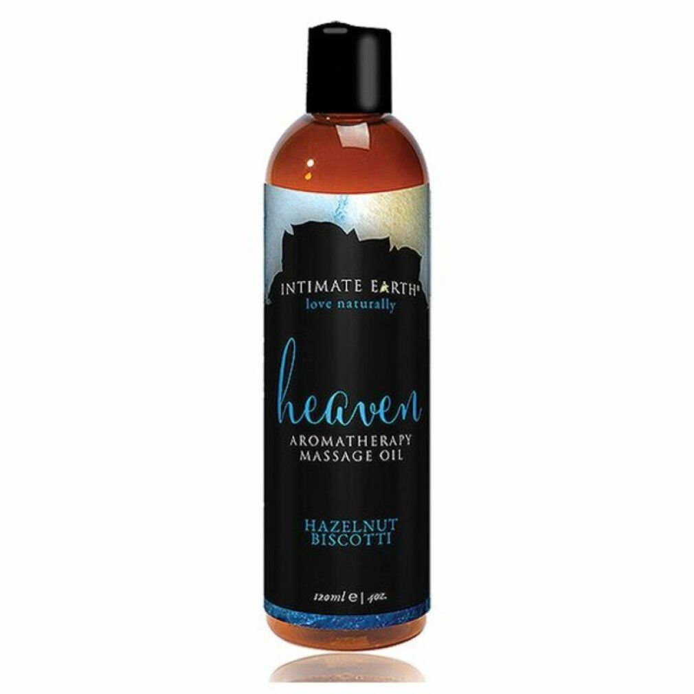 Flacone marrone con tappo nero. Etichetta con "Intimate Earth Heaven", "Aromatherapy Massage Oil" e "Hazelnut Biscotti".