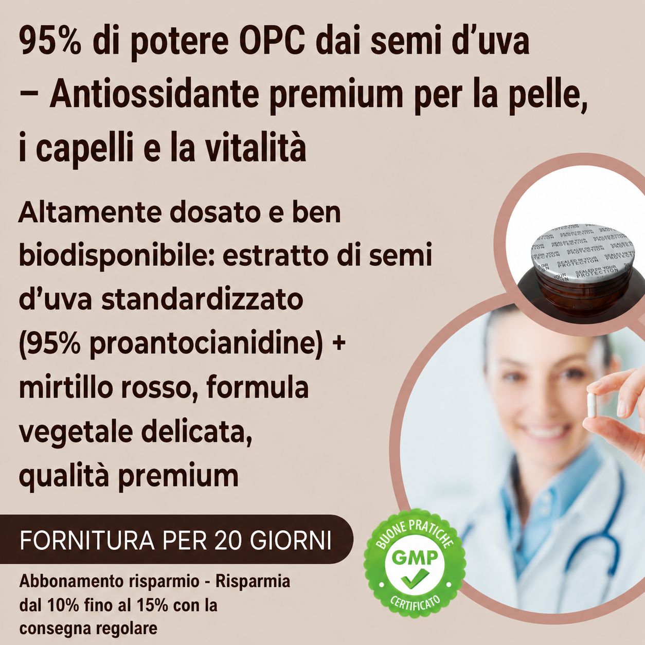 Testo e donna. Informazioni sul prodotto. Certificazione GMP. Confezione di capsule sullo sfondo.