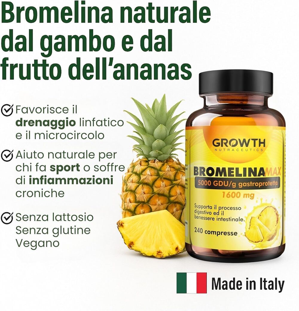 Ananas, pezzo di ananas e flacone Bromelina. Testo: Bromelina naturale dall'ananas. Prodotto: GROWTH Bromelina MAX, Made in Italy.