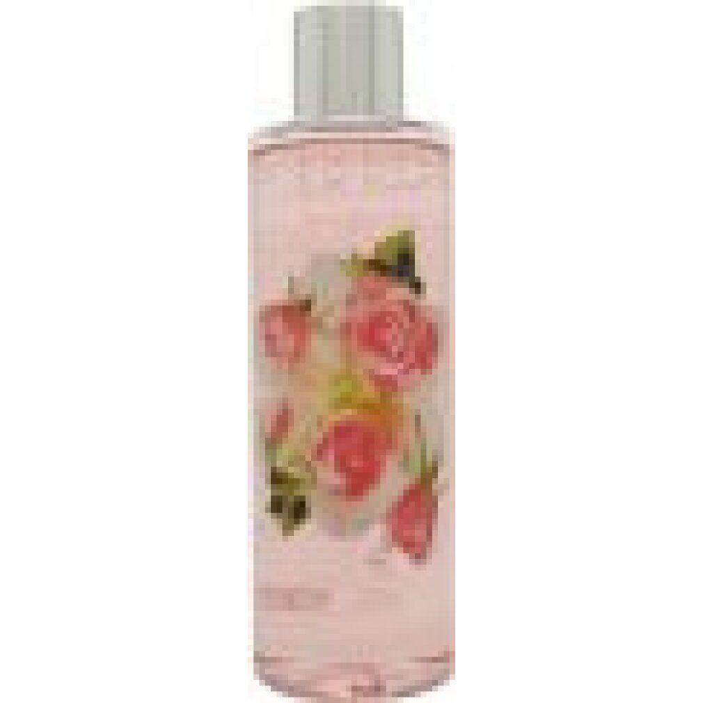 Flacone trasparente con liquido rosa e decoro floreale di rose. Tappo argentato. Orientamento verticale.