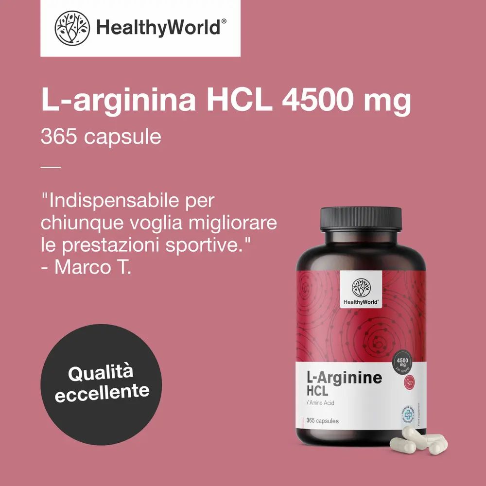 Donna si allena con pesi. Flacone L-Arginina HCL, 4500 mg, 365 capsule. Logo HealthyWorld.