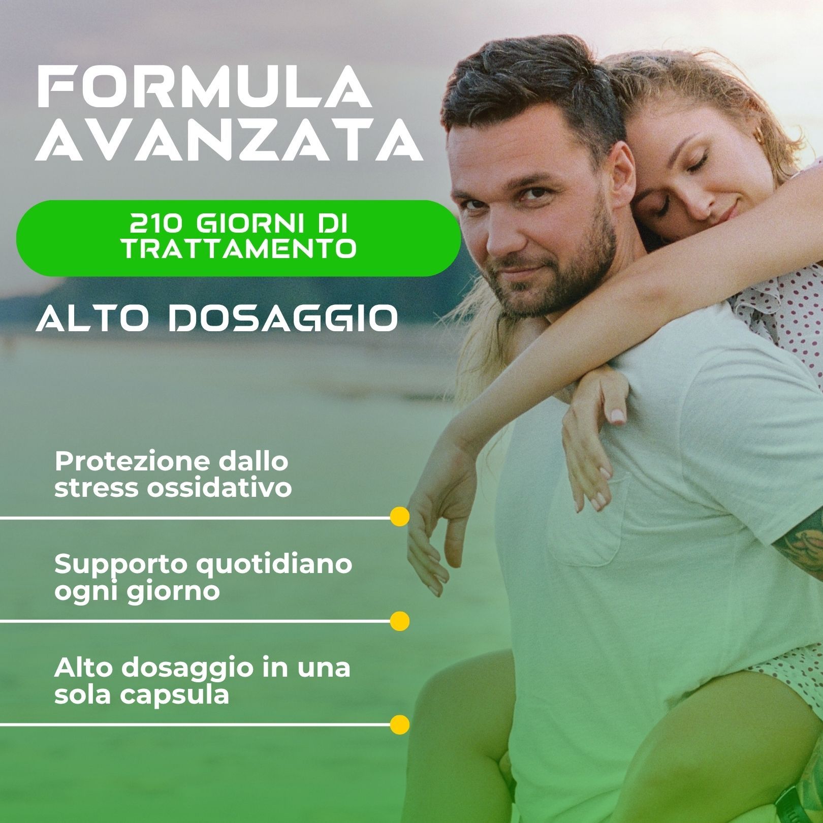 Uomo porta donna in spalla, con testo su protezione antiossidante e supporto quotidiano.