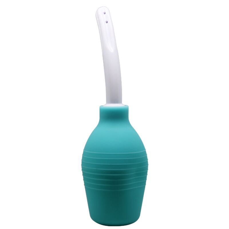 Doccia anale turchese in gomma con applicatore bianco, vista tre quarti posteriore, isolata su sfondo bianco.