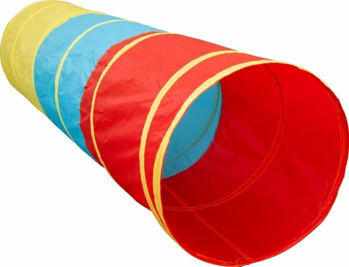 Tunnel per giochi colorato. Rosso, giallo e blu. Forma cilindrica. Estremità aperte. Per bambini.