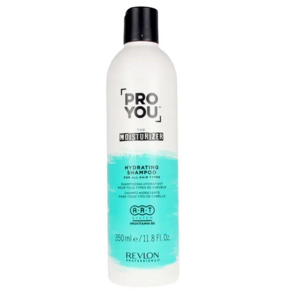 Flacone bianco con tappo nero. Scritta: Pro You The Moisturizer, Hydrating Shampoo. Revlon Professional.