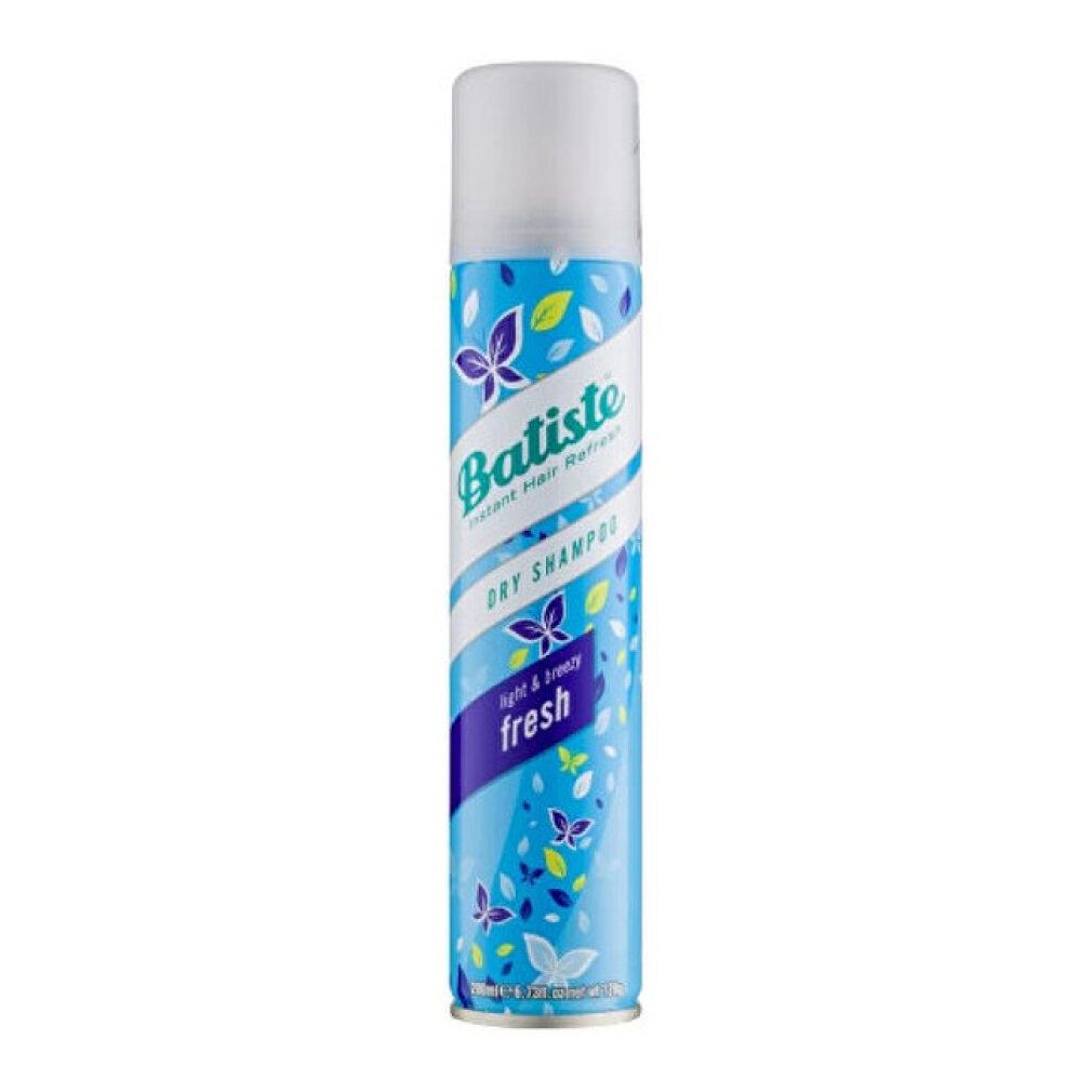 Bomboletta spray di shampoo secco. Blu chiaro, con farfalle e nome del prodotto. Tappo bianco. Scritta: Fresh.