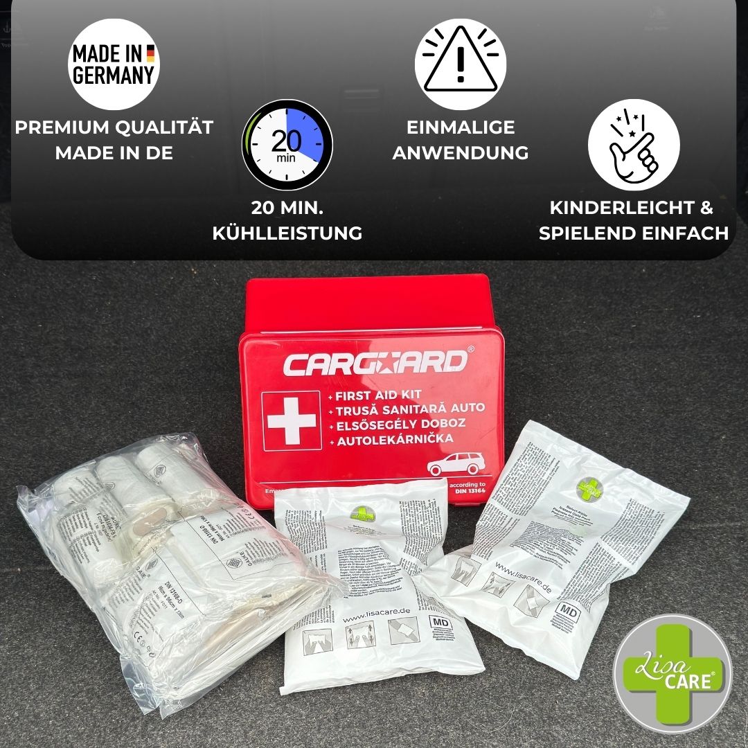 Kit di pronto soccorso con compresse LisaCare. Valigetta rossa con accessori. Compresse in confezione di plastica. Prodotto in Germania.