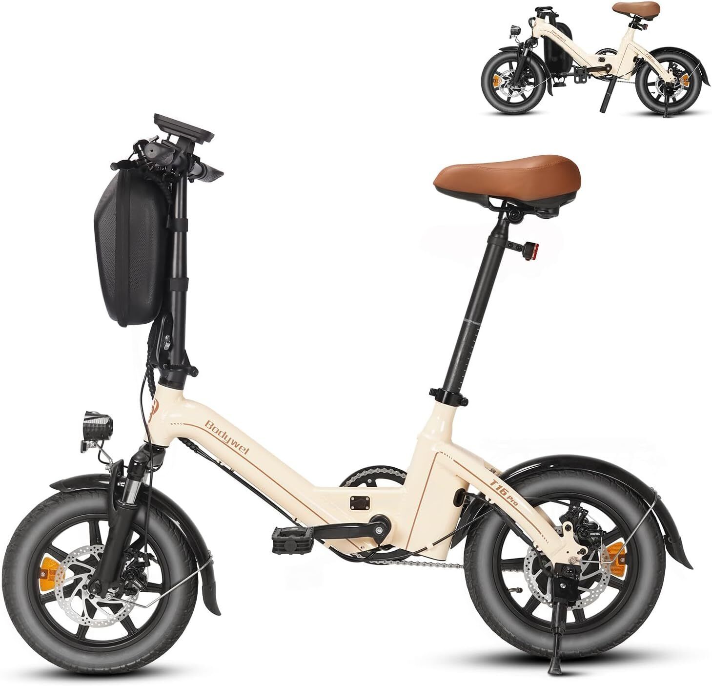 E-bike pieghevole, crema, elementi neri. Sella marrone. Modello verticale con borsa. Bodywel T16 Pro.