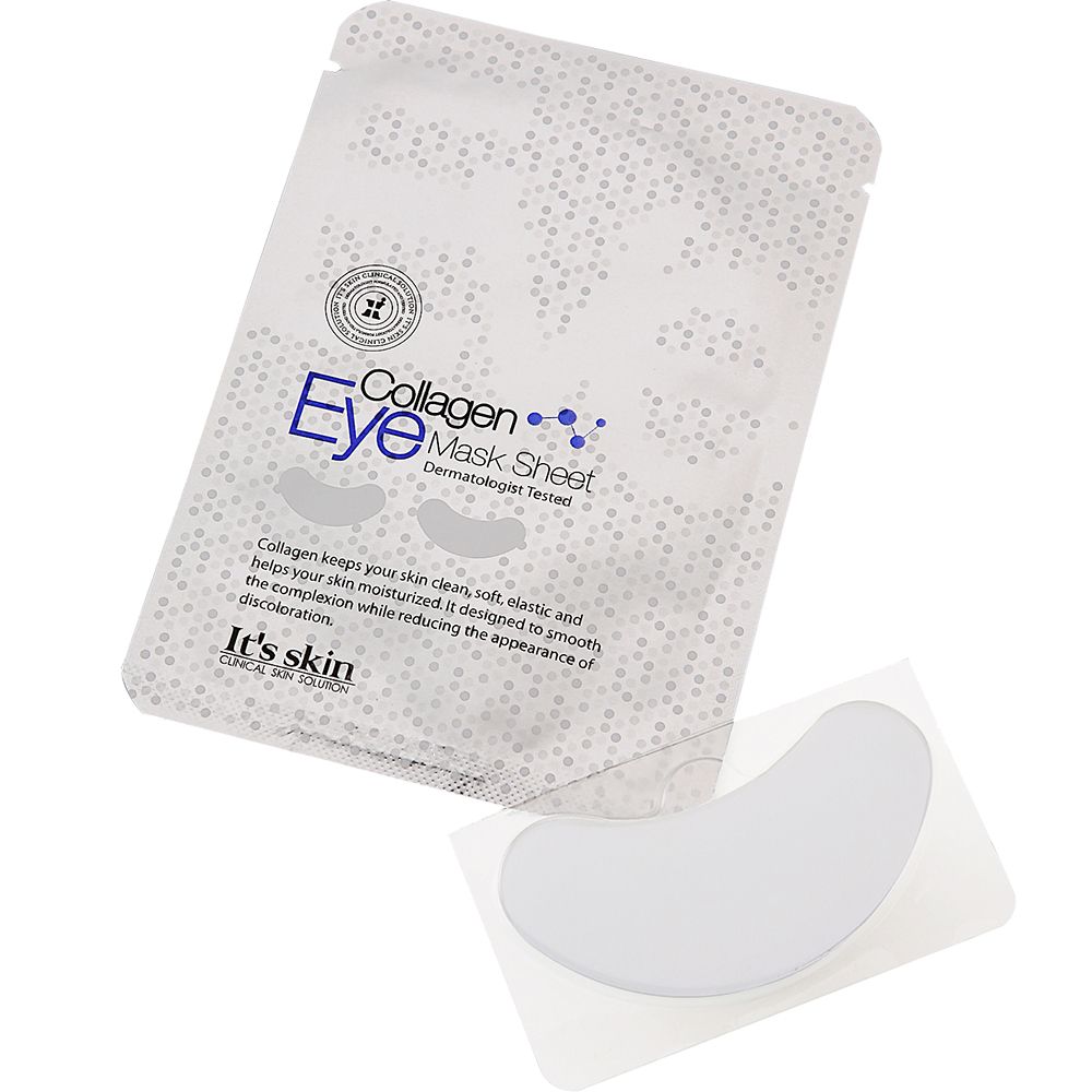 Confezione di maschere per occhi. Scritta: Collagen Eye Mask Sheet. Una maschera è accanto.