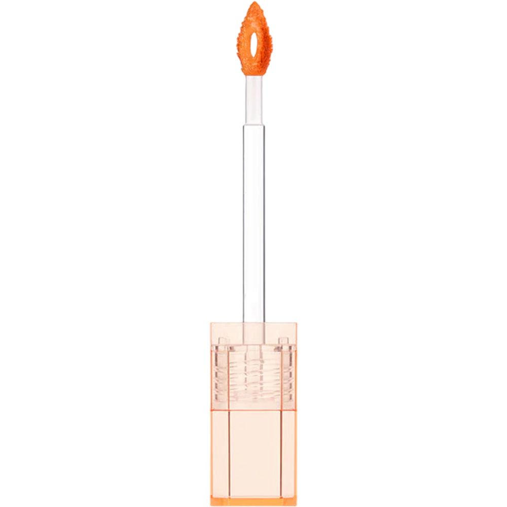Applicatore per lucidalabbra. Stelo trasparente, applicatore arancione. In un contenitore trasparente arancione.