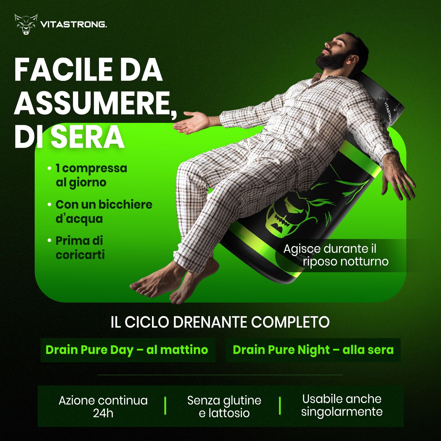 Vitastrong DrainPure & Night – Integratore drenante giorno/notte contro ritenzione idrica