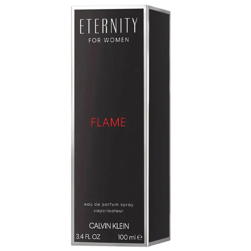 Scatola nera con dettagli argentati. Scritta: Eternity Flame, Calvin Klein. 3.4 FL OZ, 100 ml.