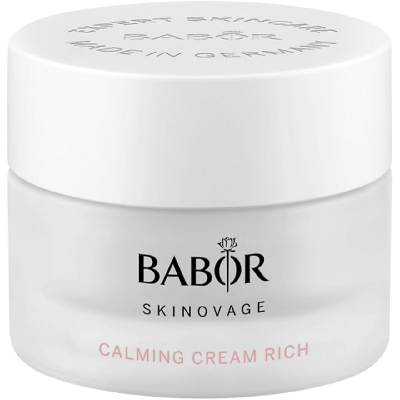 Vasetto di crema con coperchio bianco. Scritta: Babor Skinovage Calming Cream Rich. Logo e testo in nero e rosa.
