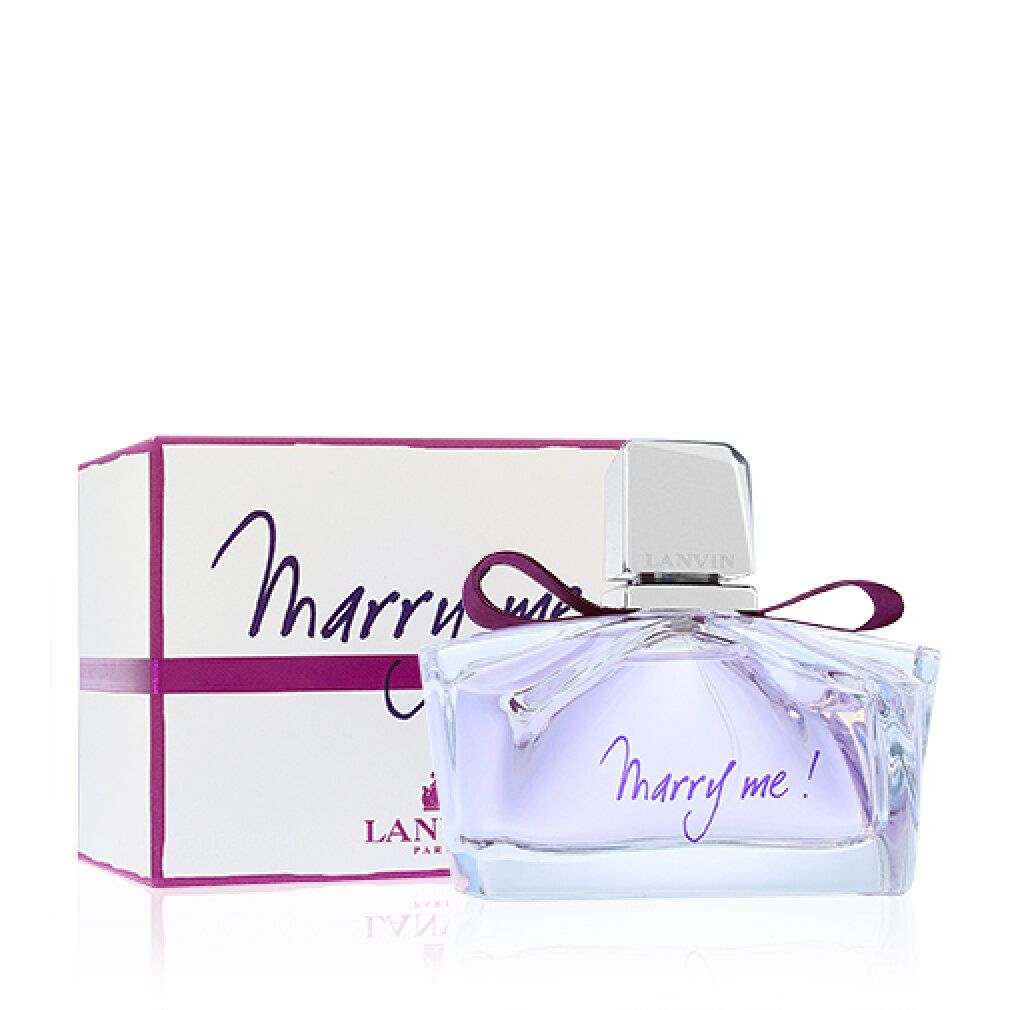 Flacone di profumo con fiocco e scatola. Scritta: Marry me! e LANVIN PARIS.