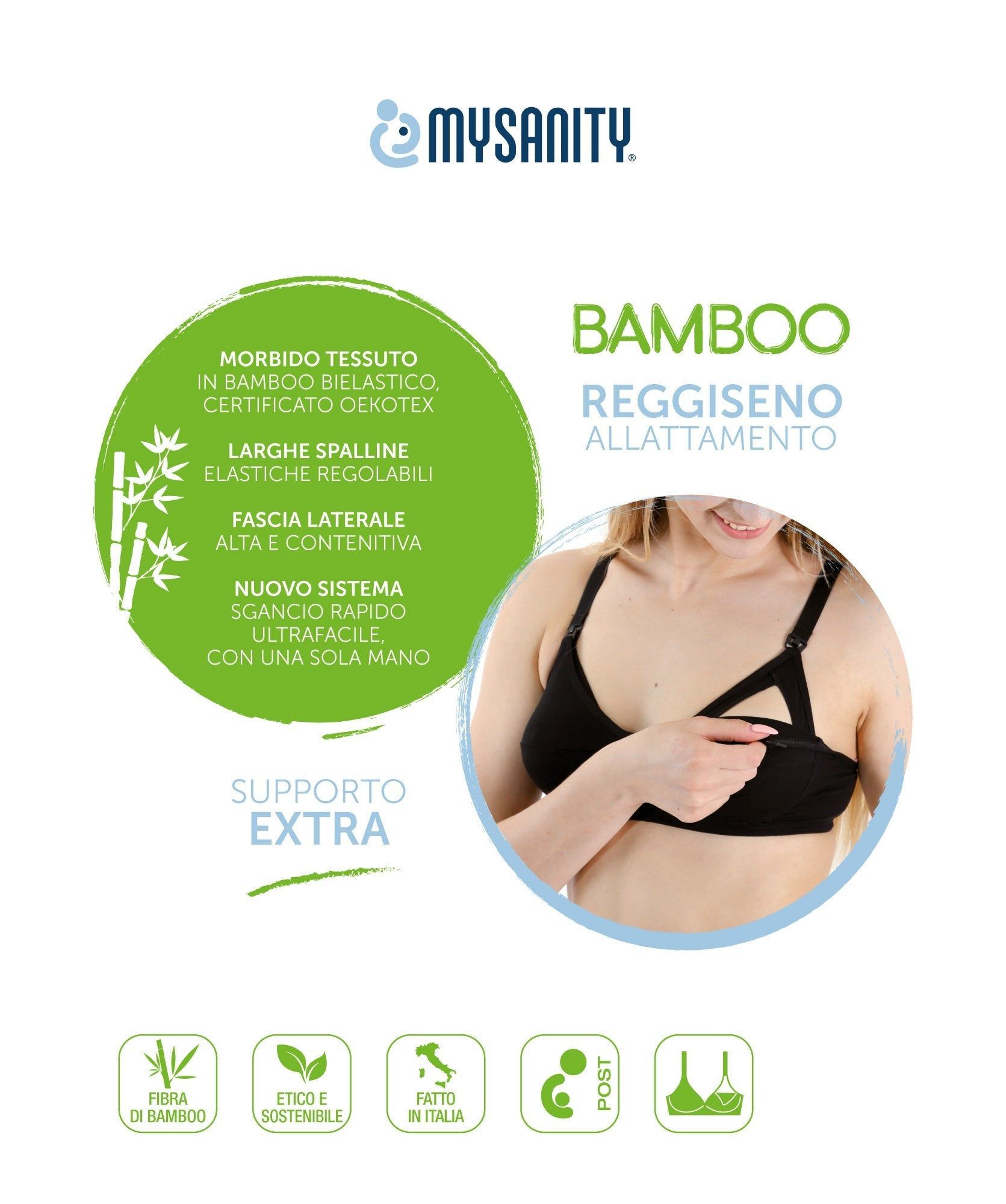 Reggiseno allattamento nero con supporto extra. Materiale in bambù, spalline regolabili, sostegno laterale. Certificazione Oeko-Tex. Chiusura rapida.
