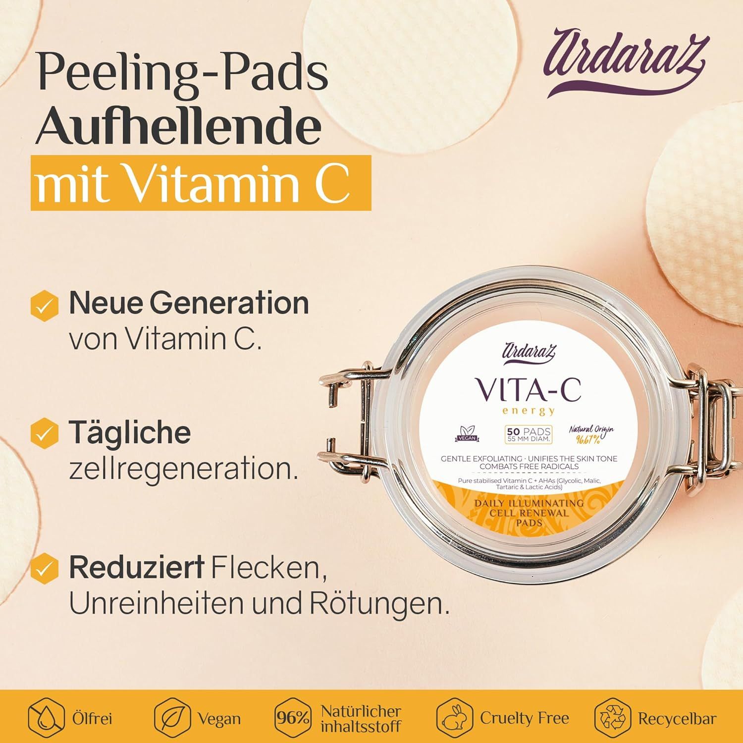 Nome e logo del prodotto su vetro. Testo: rigenerazione cellulare, riduce le macchie.