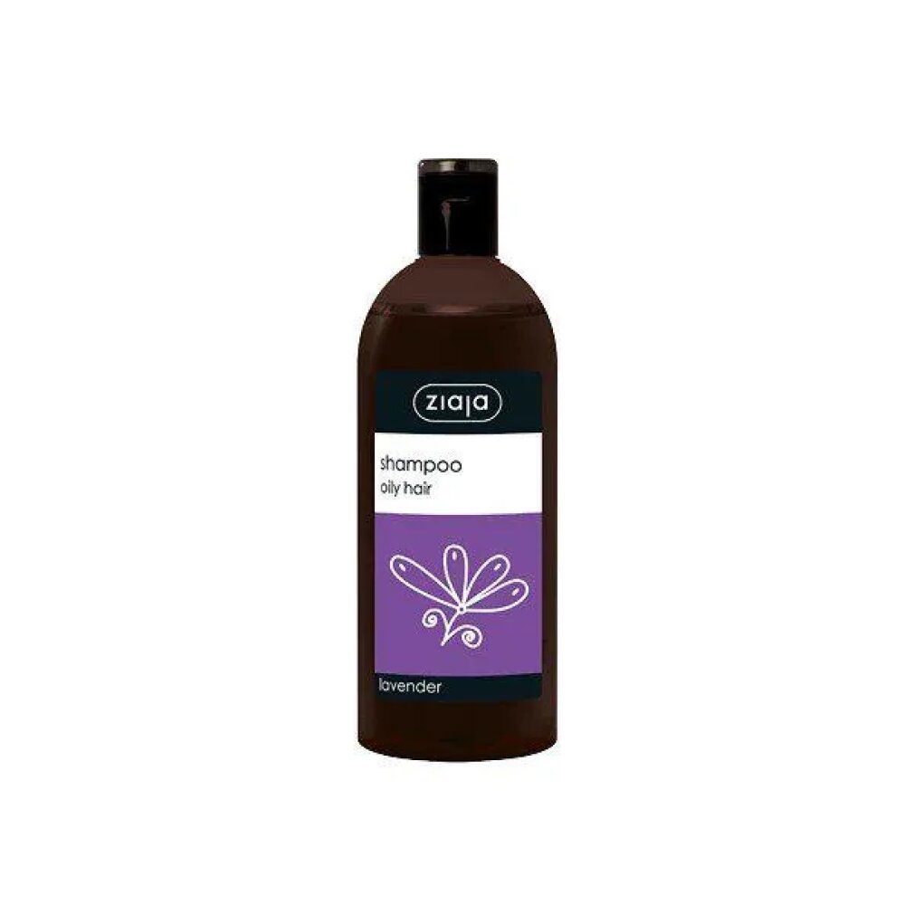 Flacone marrone con tappo nero. Etichetta con testo: Shampoo, oily hair, lavanda. Marchio: Ziaja.