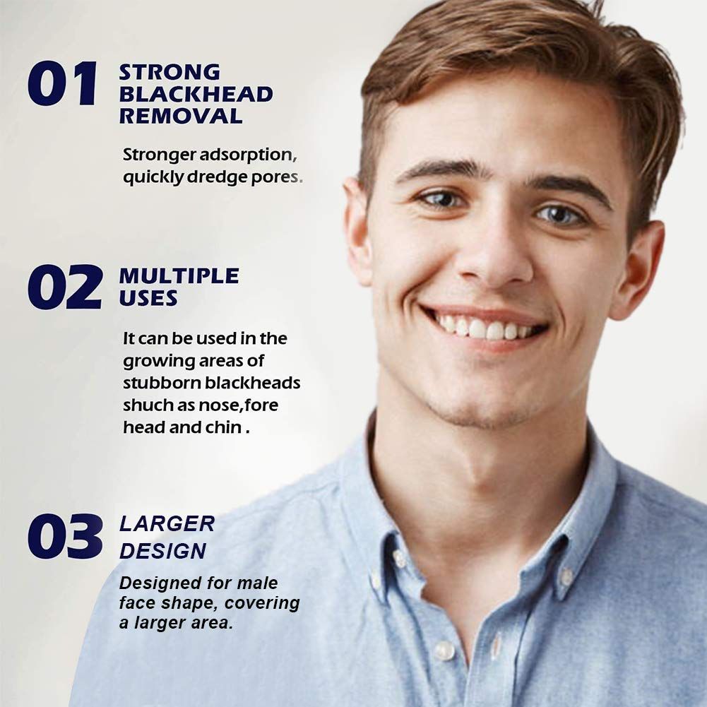 Giovane uomo sorridente. Testo: "Strong Blackhead Removal", "Multiple Uses", "Larger Design".
